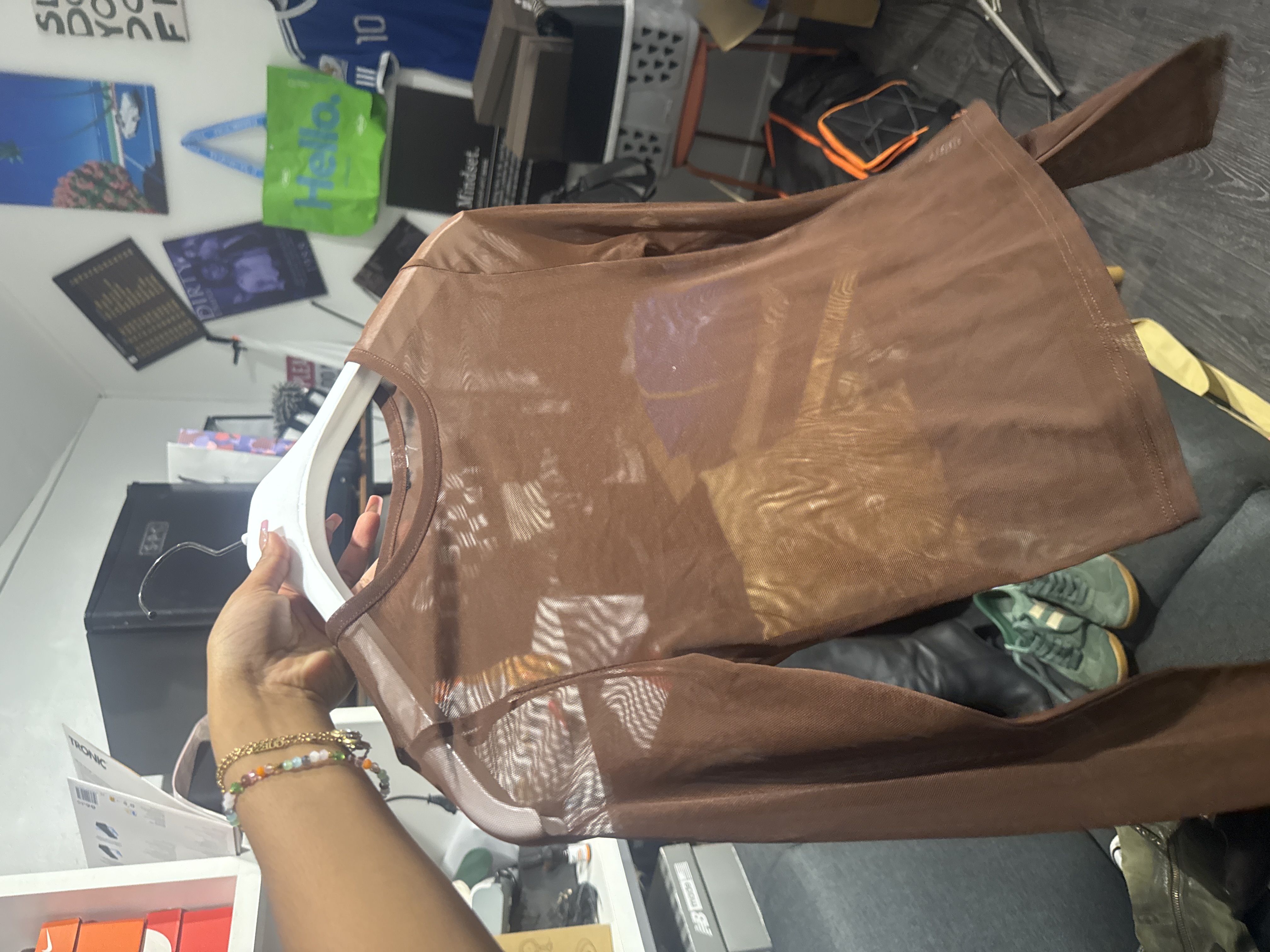 X — Top transparent brun pailletée